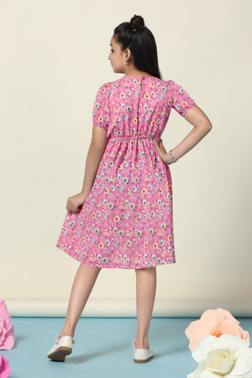 Girls Pink Lexus Checks Floral Printed Fit And Flare Knee Length Dress