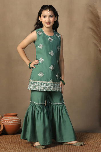 Girl's Chanderi Olive Embroidered Rani Short kurta and Sharara Set
