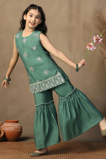 Girl's Chanderi Olive Embroidered Rani Short kurta and Sharara Set