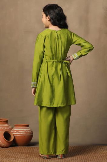 Girl's Chanderi Mehndi Embroidered Embroidered Peplum Style Kurta With Palazzo Set