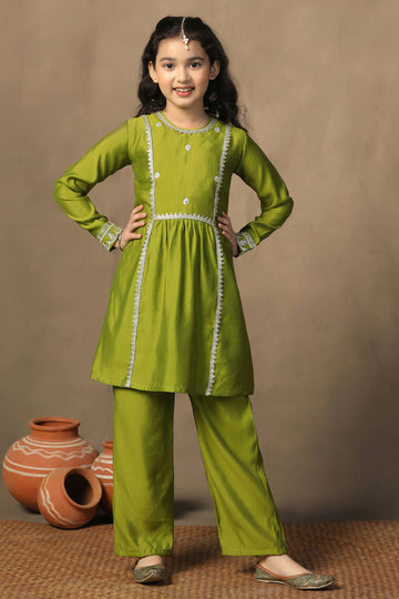 Girl's Chanderi Mehndi Embroidered Embroidered Peplum Style Kurta With Palazzo Set