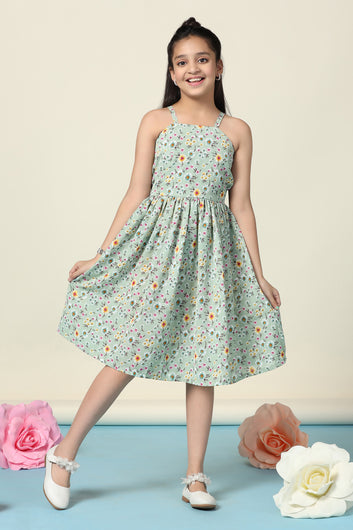 Girls Pista Lexus Checks Floral Printed Fit And Flare Knee Length Dress