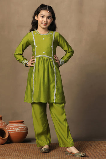 Girl's Chanderi Mehndi Embroidered Embroidered Peplum Style Kurta With Palazzo Set