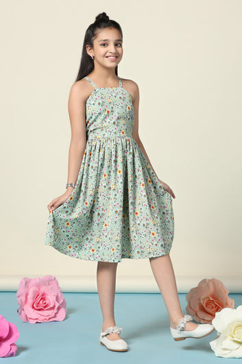 Girls Pista Lexus Checks Floral Printed Fit And Flare Knee Length Dress