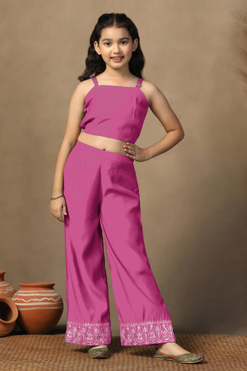 Girl's Chanderi Silk Gajari crop Top Whith Embroidered Jacket and Palazzo Set