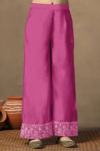Girl's Chanderi Silk Gajari crop Top Whith Embroidered Jacket and Palazzo Set