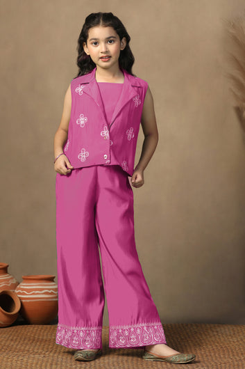 Girl's Chanderi Silk Gajari crop Top Whith Embroidered Jacket and Palazzo Set