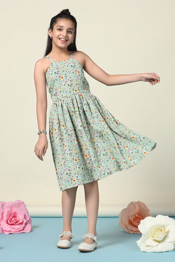 Girls Pista Lexus Checks Floral Printed Fit And Flare Knee Length Dress