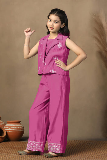 Girl's Chanderi Silk Gajari crop Top Whith Embroidered Jacket and Palazzo Set