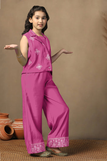 Girl's Chanderi Silk Gajari crop Top Whith Embroidered Jacket and Palazzo Set