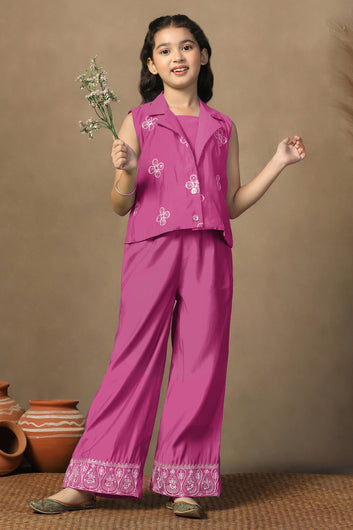 Girl's Chanderi Silk Gajari crop Top Whith Embroidered Jacket and Palazzo Set