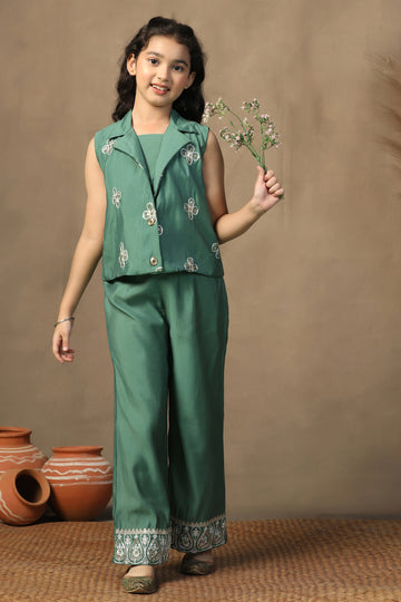 Girl's Chanderi Silk Olive crop Top Whith Embroidered Jacket and Palazzo Set