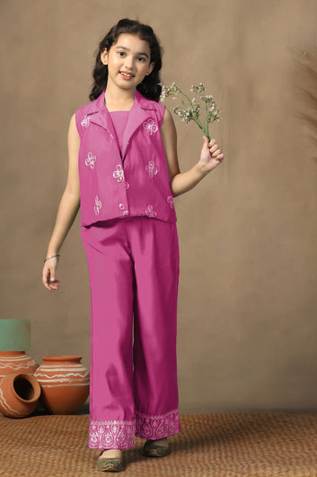 Girl's Chanderi Silk Gajari crop Top Whith Embroidered Jacket and Palazzo Set