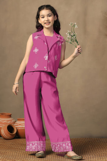Girl's Chanderi Silk Gajari crop Top Whith Embroidered Jacket and Palazzo Set