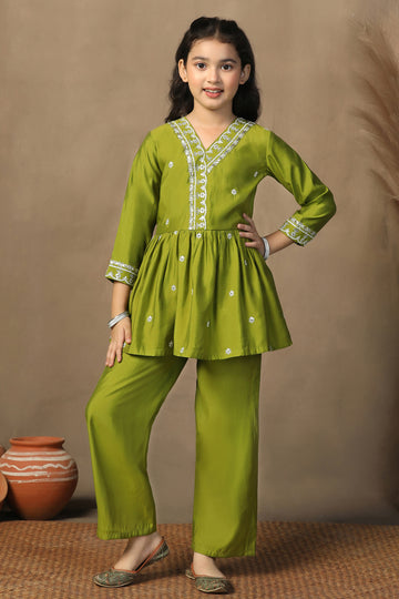 Girl's Chanderi Mehendi Embroidered Embroidered Peplum Style Kurta With Palazzo Set