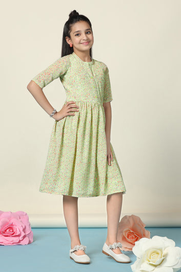 Girls Pista Georgette Floral Printed Fit And Flare Knee Length Dress