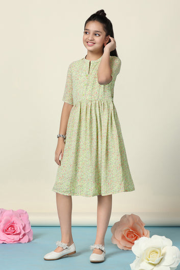 Girls Pista Georgette Floral Printed Fit And Flare Knee Length Dress