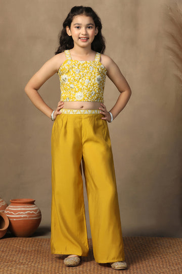 Girl's Chanderi Silk Yellow Embroidered Crop and Palazzo Set