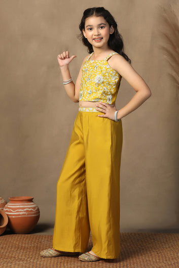 Girl's Chanderi Silk Yellow Embroidered Crop and Palazzo Set