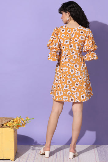 Women's Mustard Floral Printed Mini Dress