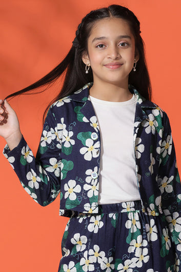 Girls White Cotton Blend Flower Printed Co ords sets Whith Jecket