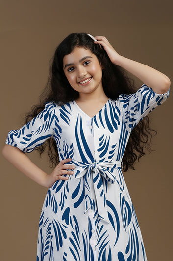 Girl's Blue Rayon Printed Midi Dress