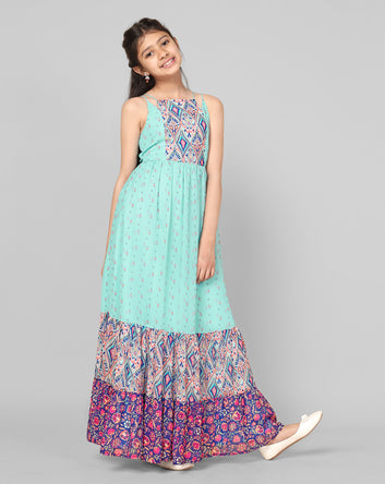 Girls Sky Georgette Printed Tiered Maxi Dress