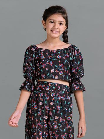 Girl’s Black Ethnic Wear Polyester Blend Printed Crop Top with Pant Set