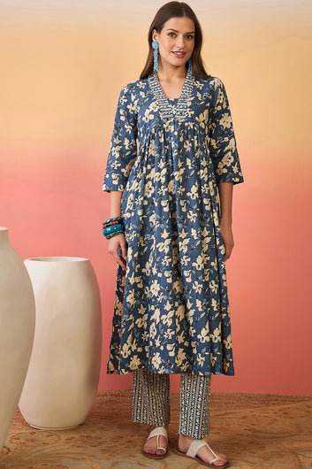 Womens Blue Cotton kurta Pant with dupatta Set