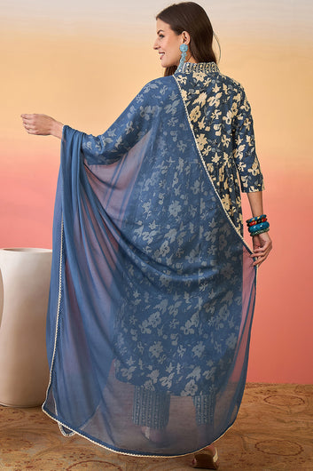 Womens Blue Cotton kurta Pant with dupatta Set