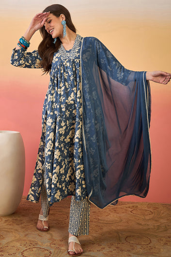 Womens Blue Cotton kurta Pant with dupatta Set