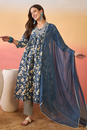 Womens Blue Cotton kurta Pant with dupatta Set