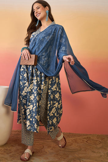 Womens Blue Cotton kurta Pant with dupatta Set