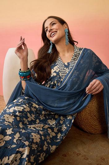 Womens Blue Cotton kurta Pant with dupatta Set