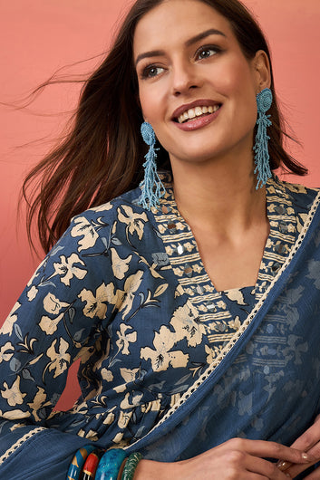 Womens Blue Cotton kurta Pant with dupatta Set