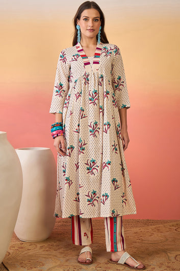 Women’s Off White Cotton Printed Kurta Pant With Dupatta Set
