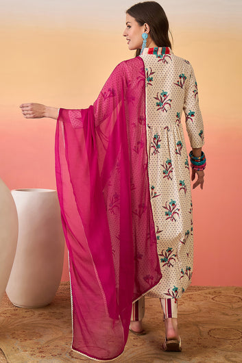 Women’s Off White Cotton Printed Kurta Pant With Dupatta Set