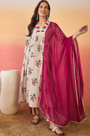Women’s Off White Cotton Printed Kurta Pant With Dupatta Set