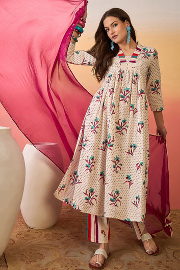 Women’s Off White Cotton Printed Kurta Pant With Dupatta Set