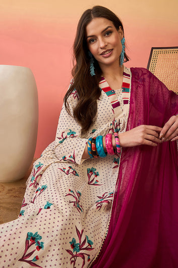 Women’s Off White Cotton Printed Kurta Pant With Dupatta Set