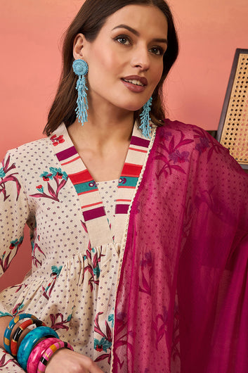 Women’s Off White Cotton Printed Kurta Pant With Dupatta Set