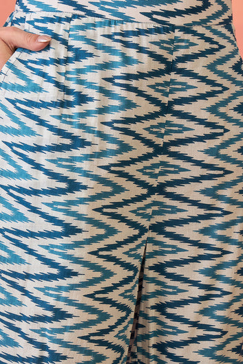 Womens Blue Cotton Printed Kurta Pant With Dupatta Set