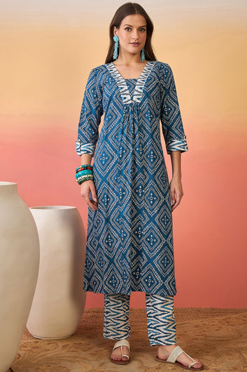 Womens Blue Cotton Printed Kurta Pant With Dupatta Set
