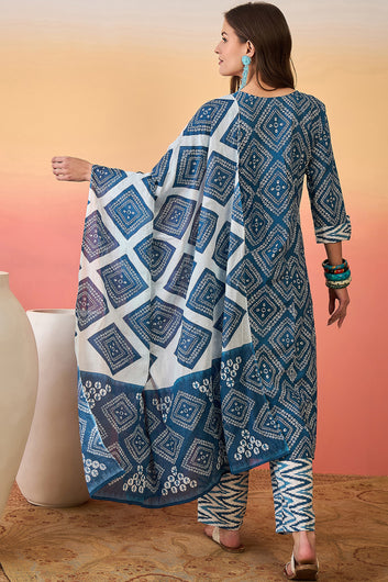 Womens Blue Cotton Printed Kurta Pant With Dupatta Set