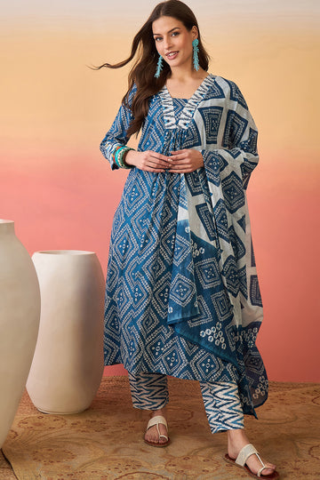 Womens Blue Cotton Printed Kurta Pant With Dupatta Set
