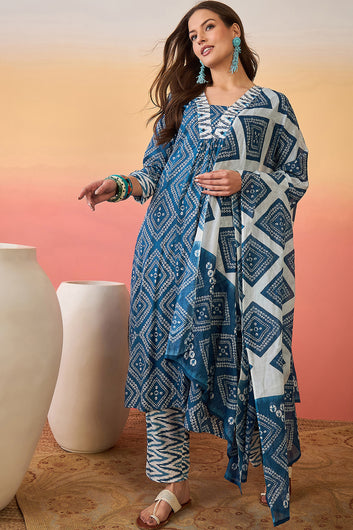 Womens Blue Cotton Printed Kurta Pant With Dupatta Set