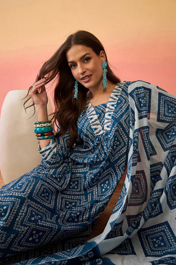 Womens Blue Cotton Printed Kurta Pant With Dupatta Set