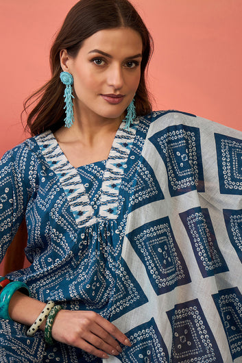 Womens Blue Cotton Printed Kurta Pant With Dupatta Set