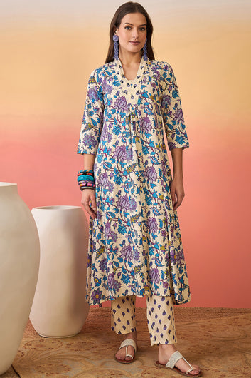 Womens Off White Cotton kurta Pant with dupatta Set