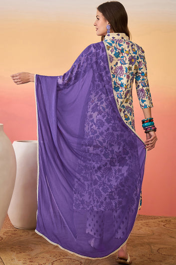 Womens Off White Cotton kurta Pant with dupatta Set
